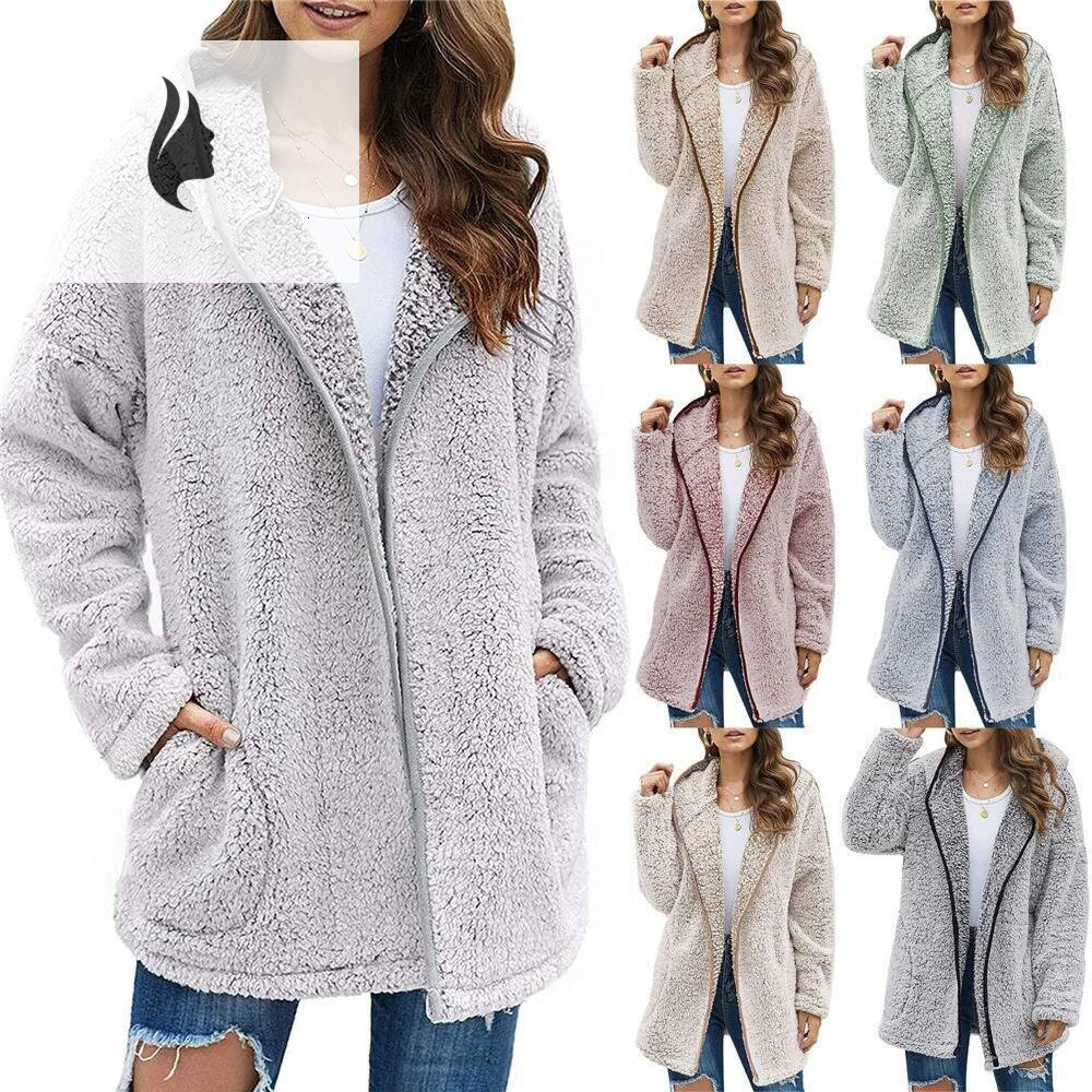 winter jacket women Autumn and Winter New Casual Solid Colour Lapel Hooded Long-sleeved Plush Sweater Fleece Jacket