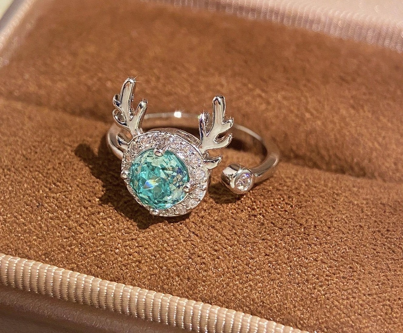 TaiYang New Millennium Rose Cut Reindeer Ring, Octagonal Aqua High-Carbon Zirconia Antler Design in Gold Plated Copper For Women