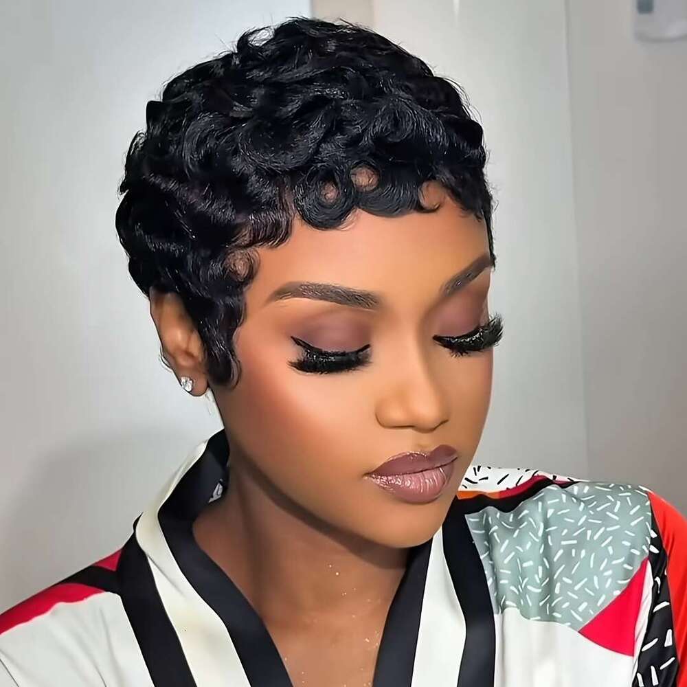 Women's Virgin Human Pixie Cut - Glueless Layered Curly Wavy With Bangs, Natural Black 180% Density Rose Net Cap, Elegant Short Hair Wig For Wome