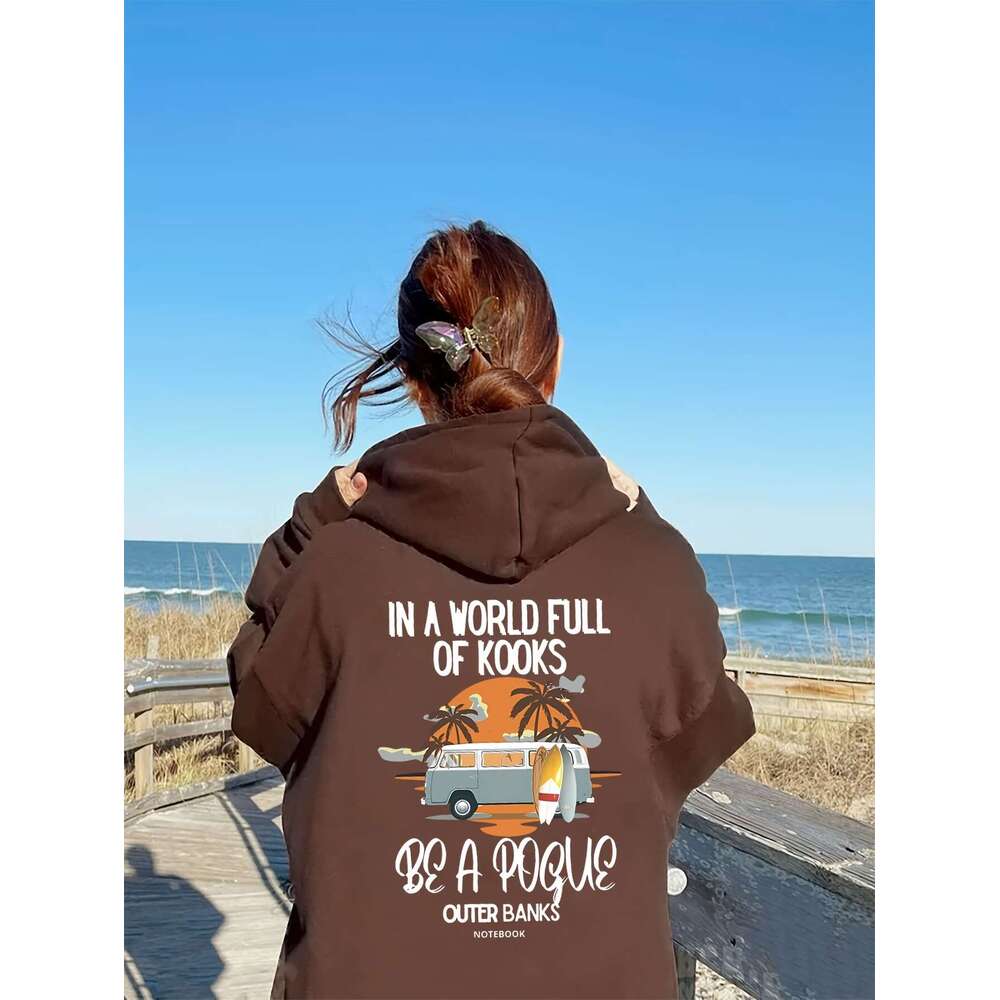 Outer Banks-Inspired Casual Hoodie For Women Alphabet Pattern Print, Personalized Emed Sweatshirt, Polyester Knit Fabric, Hooded, Long Sleeve, Fall/Wi