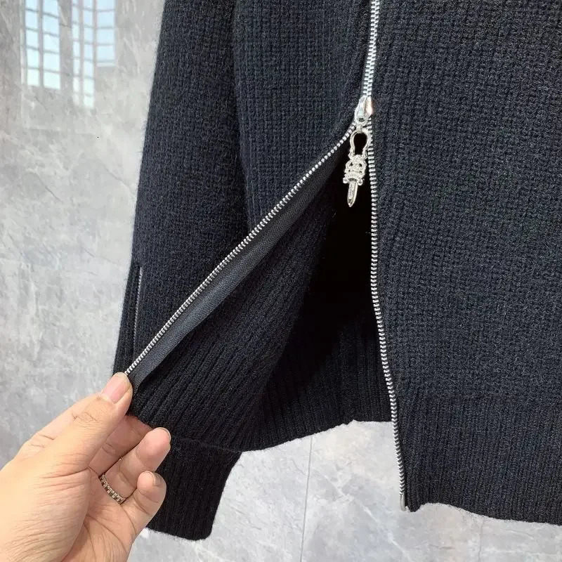 High Collar Knit Sweater Male Black Zipper Pullovers Turtleneck Mens Clothing White Zipup Neck Y2k Streetwear Old Casual Baggy 251016