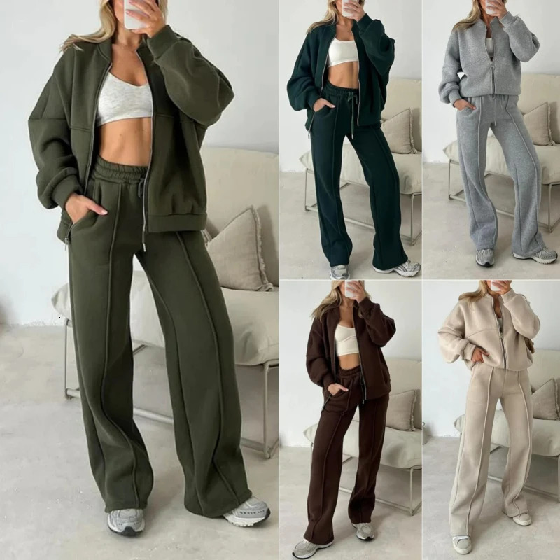 Tracksuit Women Two Pieces Pant Sets Sweatshirts Zipper Long Sleeve Straight Pants Drawstring Pocket Sports Autumn Winter 251027