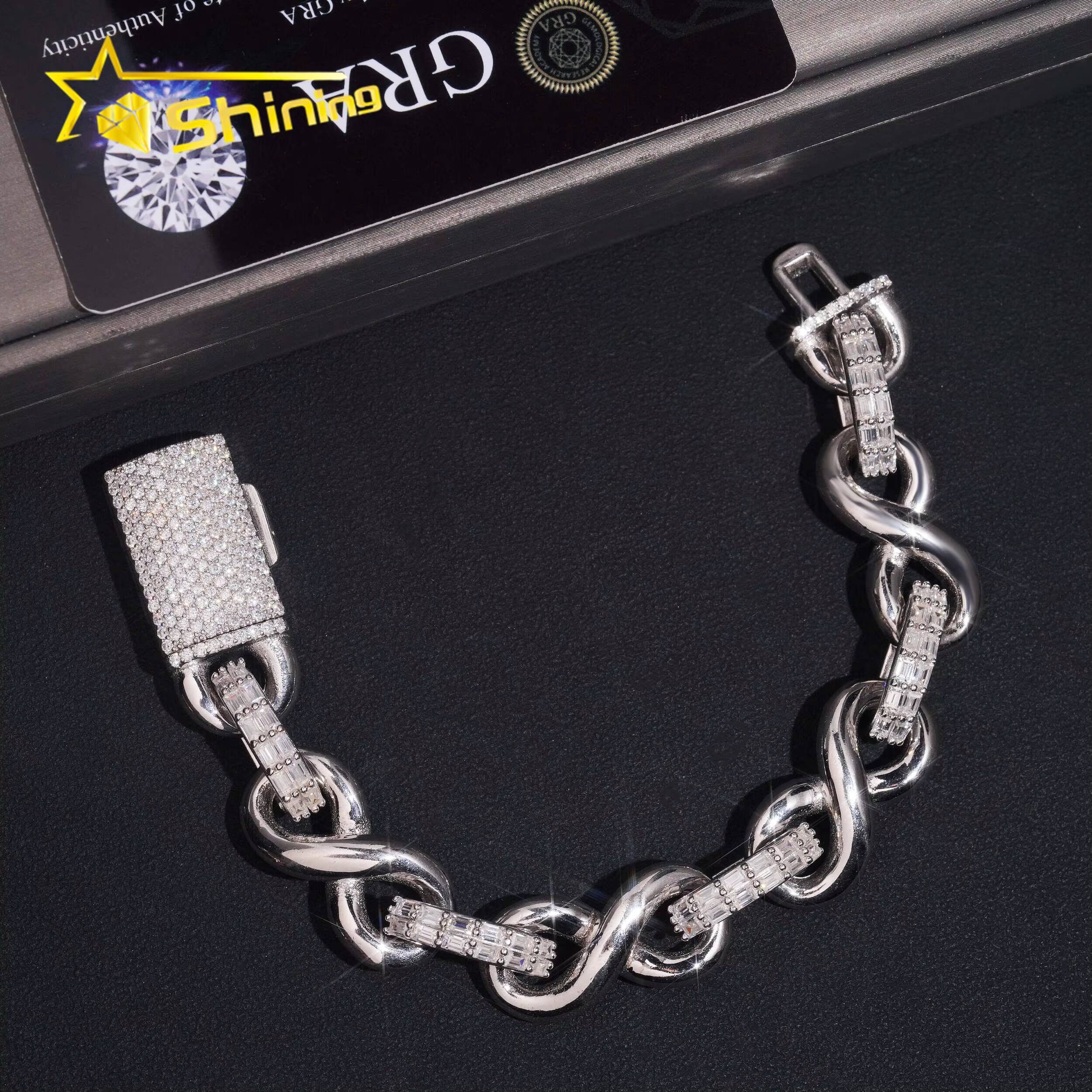 GRA Certificate Luxury Hip Hop 15mm 925 Silver Baguette VVS Moissanite Infinity Men Diamond Bracelet