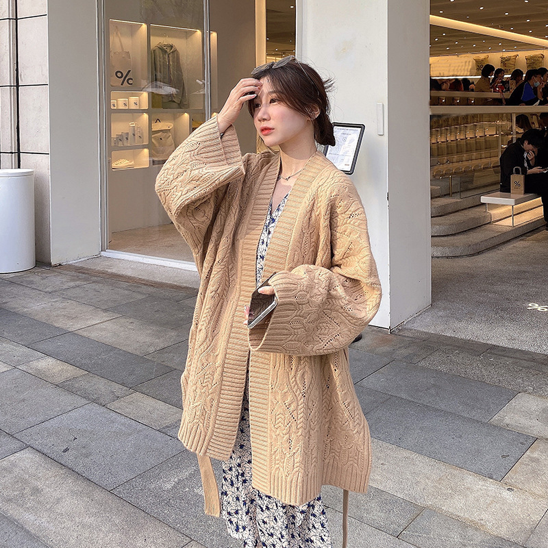 New fashion designer cashmere knitted cardigan oversized sweater elegant lazy style elastic waist knitted top