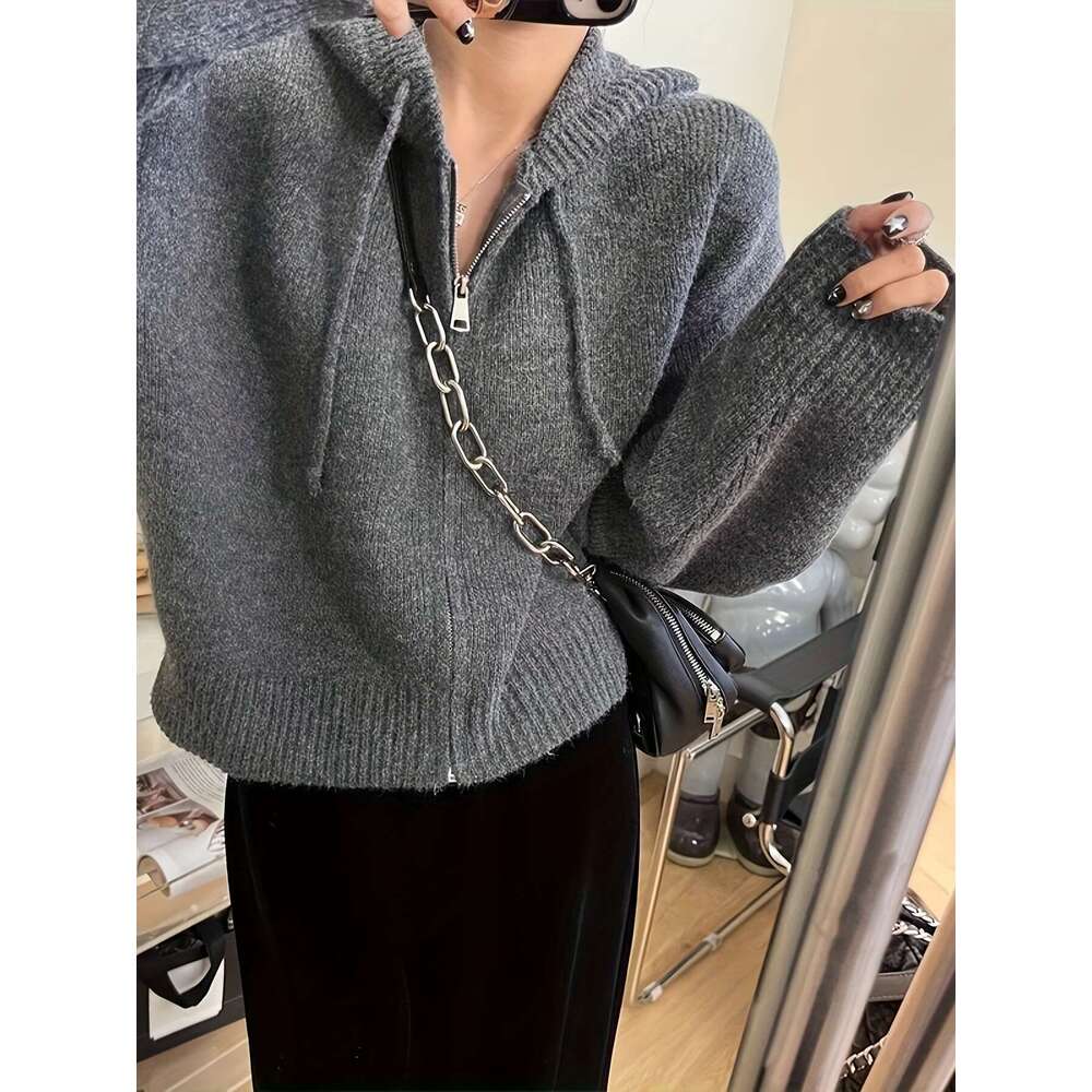 Solid Zipper Drawstring Hooded Cardigan, Casual Long Sleeve Loose Cardigan For Fall & Winter, Women's Clothing
