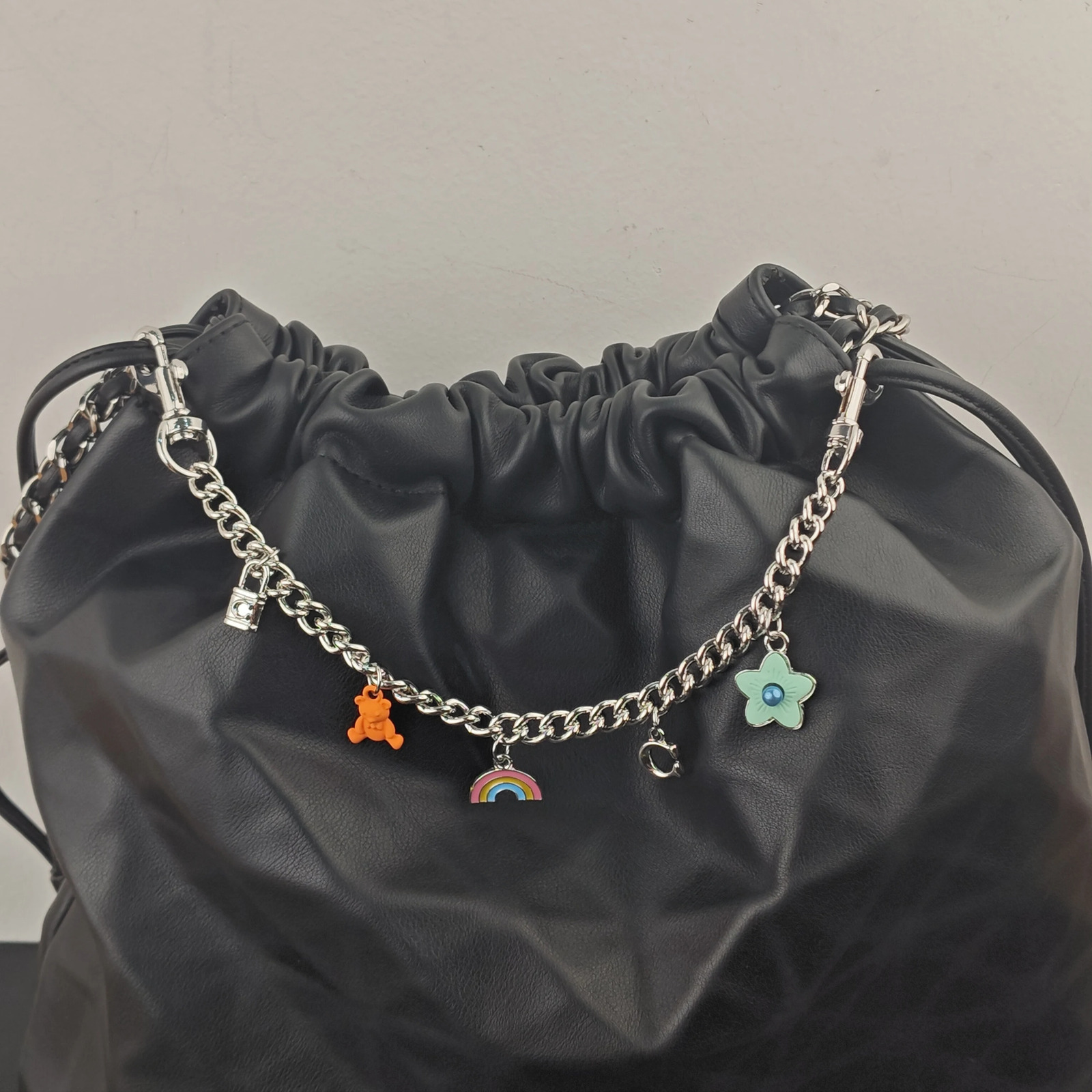 Fashionable SilverGolden Little Bear Rainbow Flower Bag Chain Charm Handbag Keychain Accessory Gift 251023