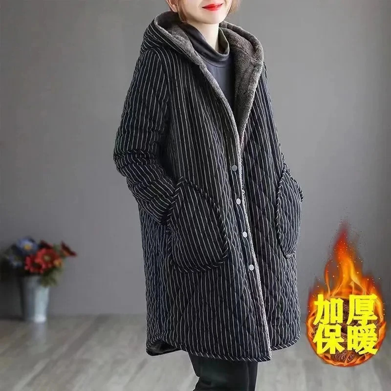 Autumn Winter Striped Cotton Jacket Women Warm Plush Thicken Hooded Coat Fashion Loose Female Casual Long Overcoat 251027