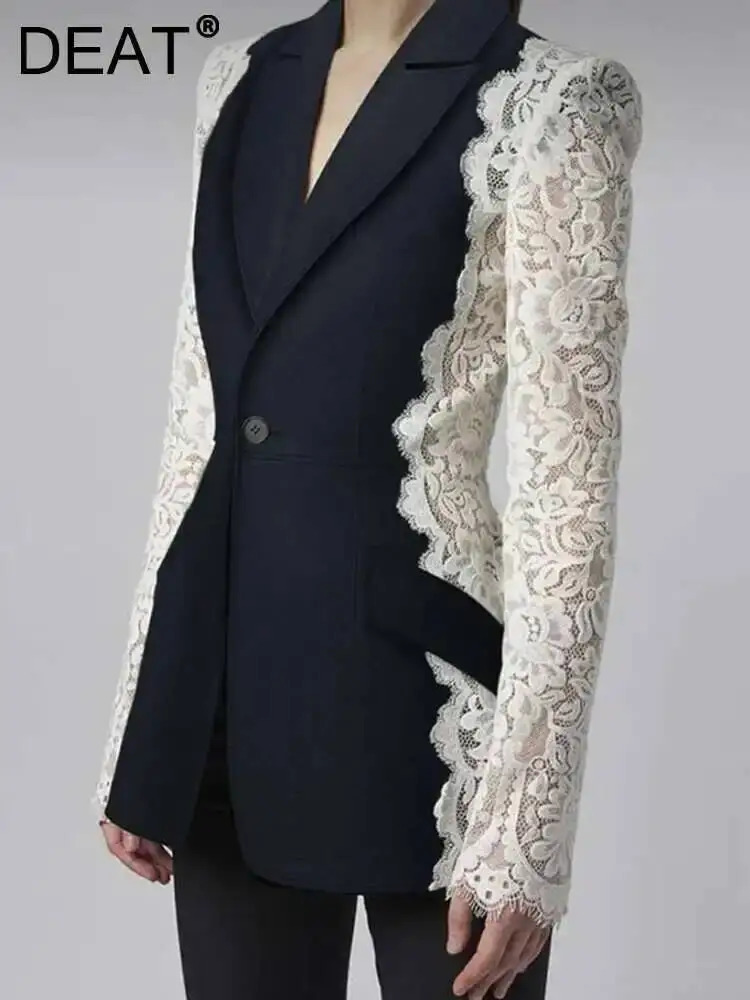 DEAT Fashion Womens Blazer Notched Lace Patchwork Long Sleeve Contrast Suit Jackets Female Spring 17A1298 251027