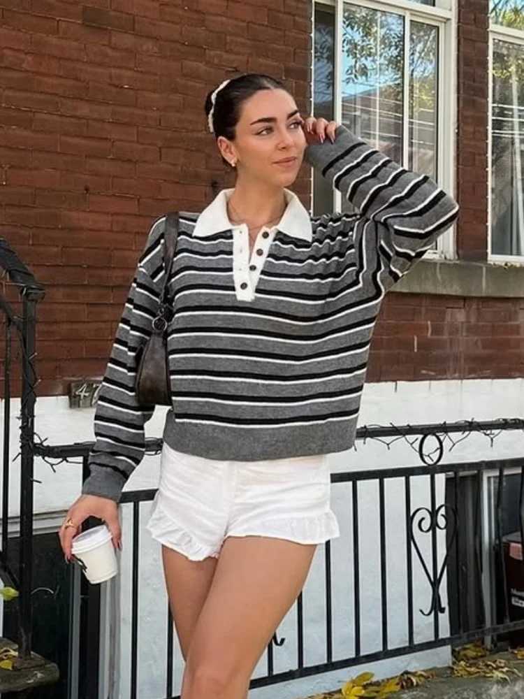 Polo Collar Striped Pullover Sweater Loose Long Sleeve 2025 Autumn Daily Cozy Women Knit Top Trendy Chic Casual Lady KnitwearT251027