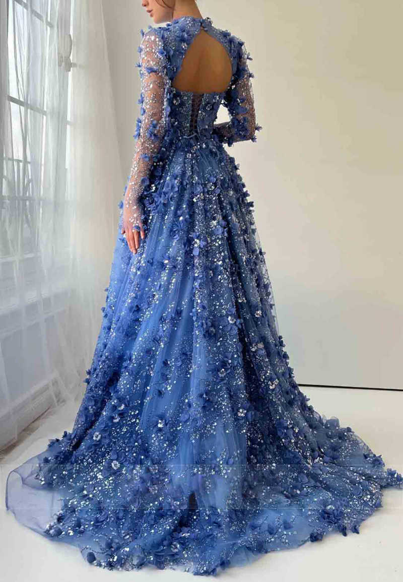 Luxurious Evening Dresses Halter Long Sleeve Handmade Flowers Crystal Rhinestone Sequin Dinner Party Prom Special Occasion Customized