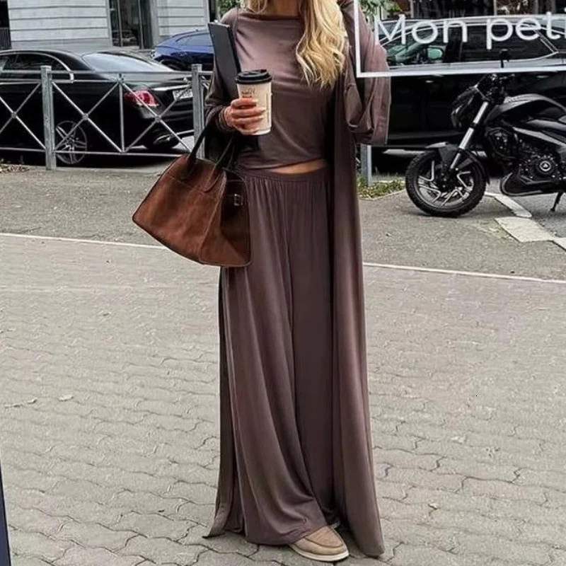 Womens 2025 Summer Casual Long Cardigan Long Sleeve Top High waisted Trousers Fashion Set 251013
