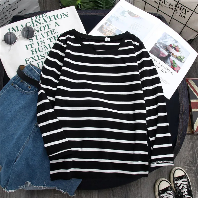 1PC Spring and Autumn Winter Black Striped Top with Foreign Style Ins Bottom Shirt Women Long Sleeve Tshirt 251027