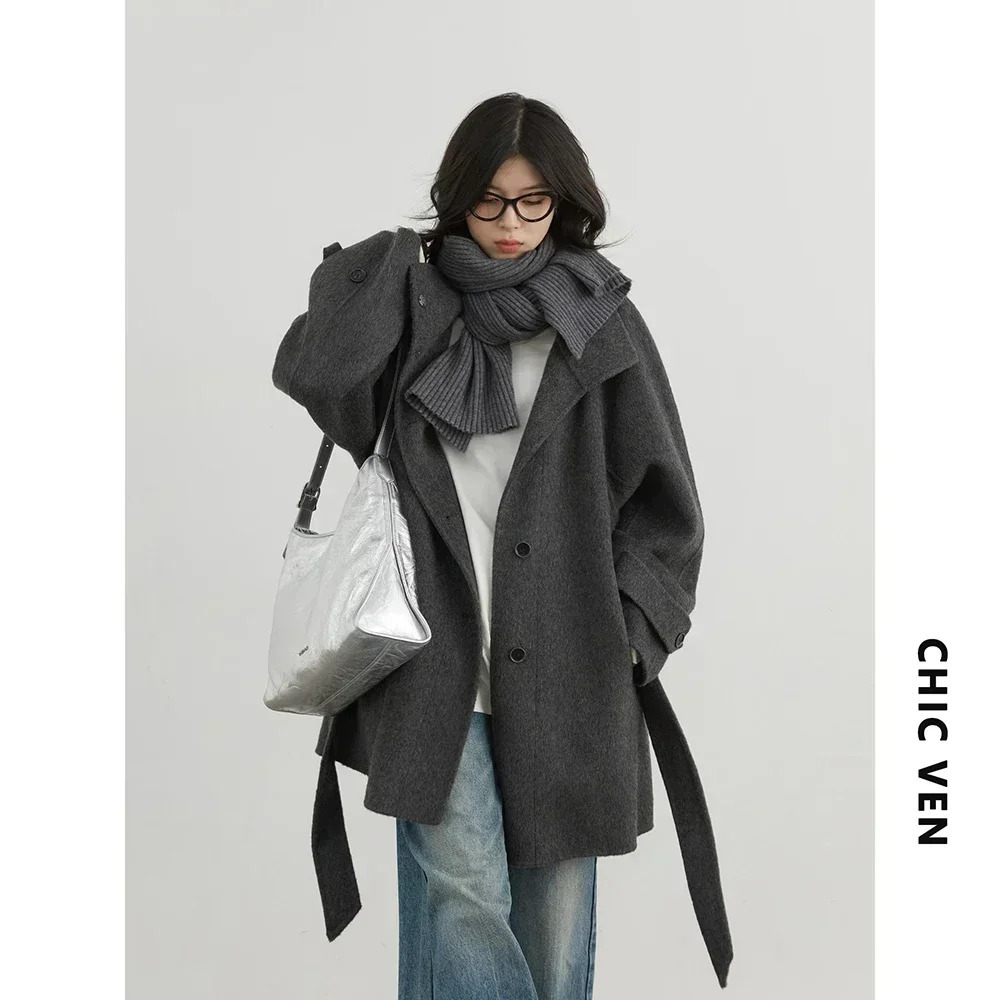 CHIC VEN Korean Women Woolen Coat Single Breasted Loose Stand Collar Belt Long Doublesided Ladies Overcoat Autumn Winter 251027
