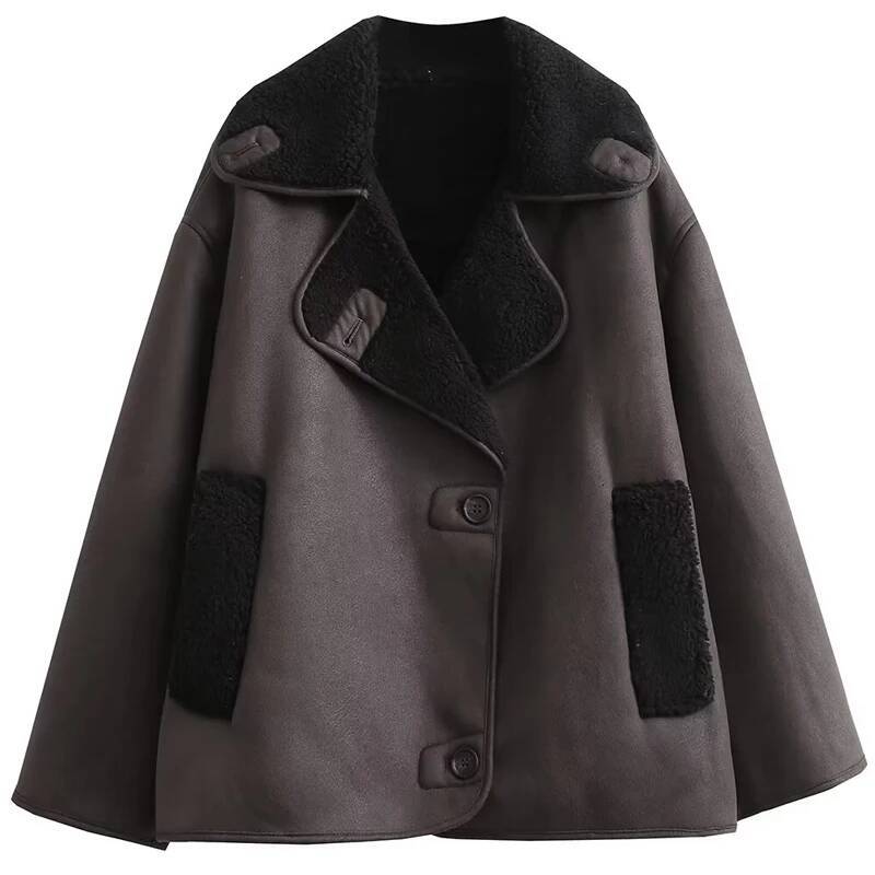 winter jacket women HXAO Women's Jackets Winter Female Leather Faux Fur Coat Button Crop Outerwears Windbreak Waterproof Brown Long Sleeve Tops