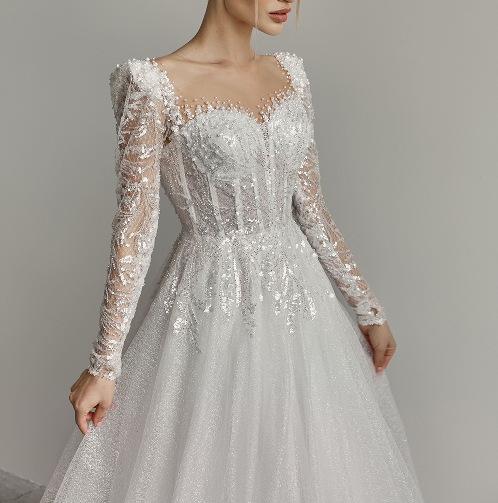 Classic A Line Women Wedding Dress Sheer Neck Long Sleeves Bridal Gowns Sequins Pearls Appliques Sweep Train Dress Custom Made vestidos de novia