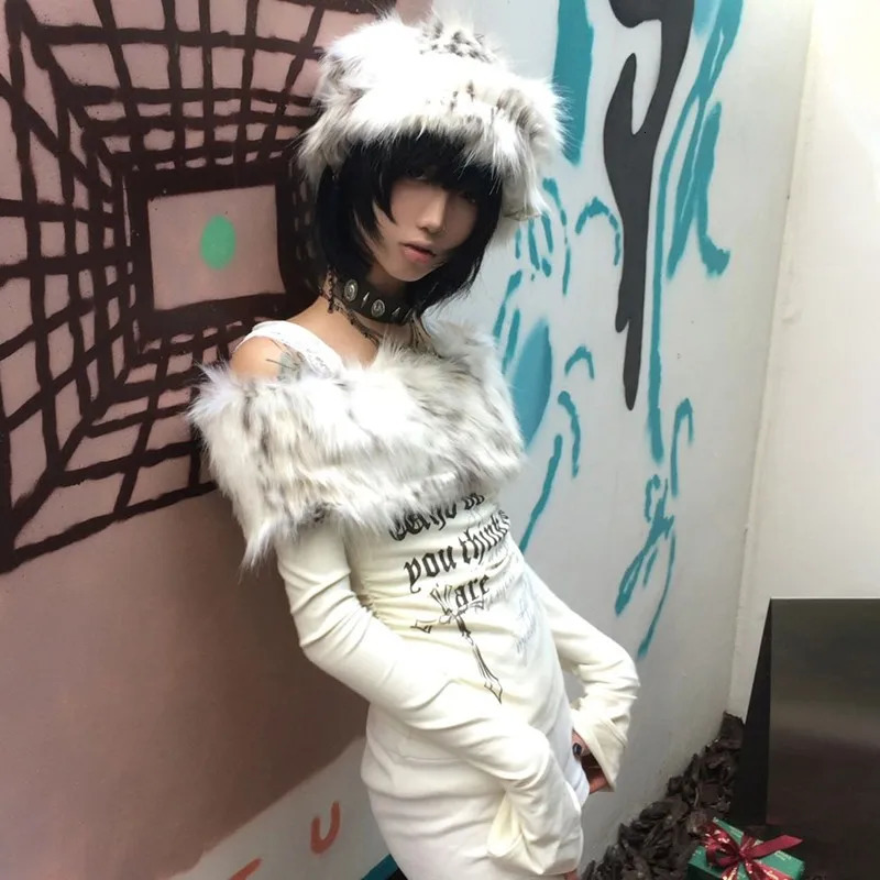 Karrram Japanese Y2k Fur Collar Tops 2000s Aesthetics Off Shoulder Knit Tops Vintage Harajuku Letter Print Long Sleeve Tshirt 251027