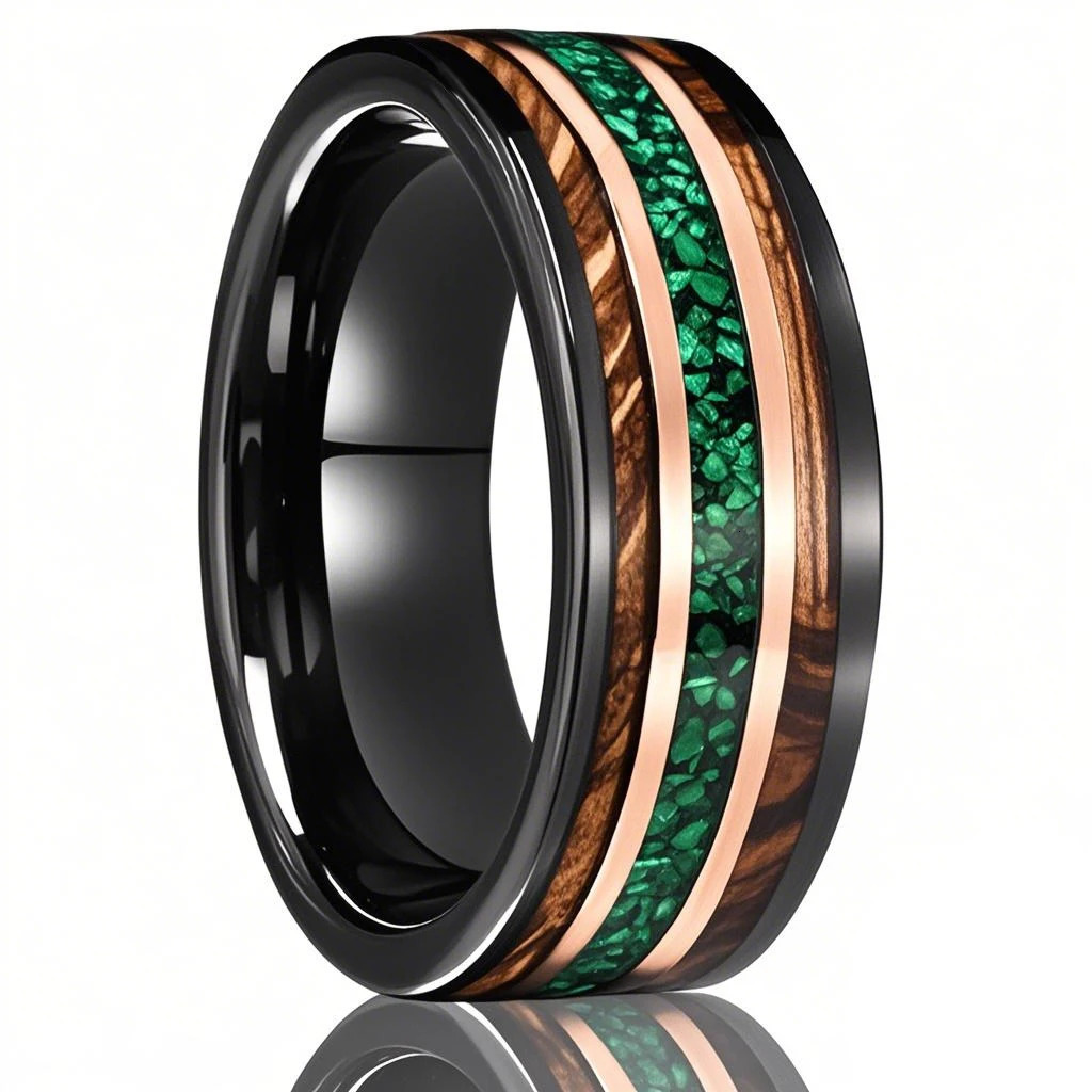 8mm Mens Tungsten Carbide Ring Inlaid Whiskey Barrel Wood and Green Opal Beautiful Wedding Ring Gift for Loved Ones 251023
