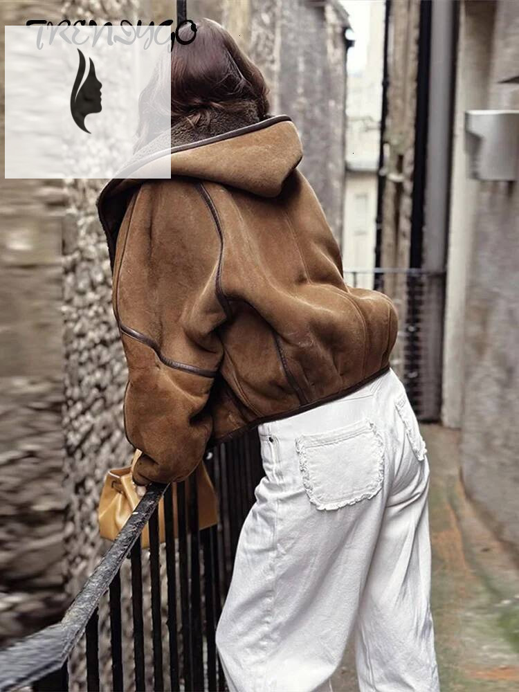 winter jacket women Women's Bomber Coats Hooded Leather Trim Patchwork Jacket Autumn 2025 Female Long Sleeve Loose Fitting Coat Chic Lady Outerwe