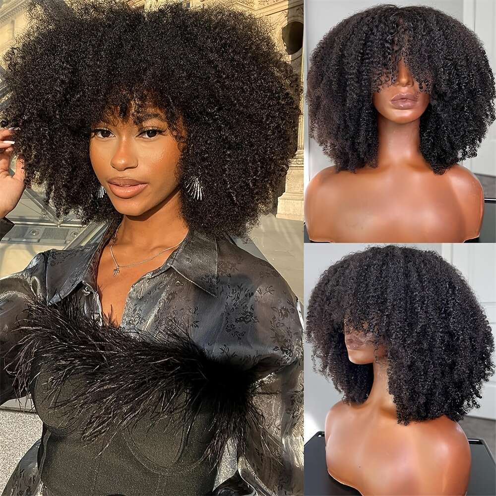 180% Density Brazilian Virgin Human Afro Kinky Curly Wig With Bangs - Hine-Made Scalp Top, 14-20 Inch Lengths, Natural Black For & All Ethnicities, El
