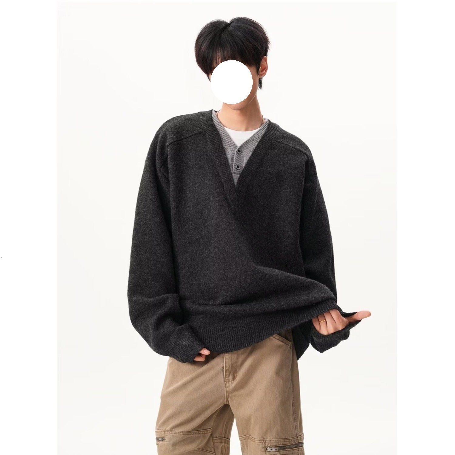 Old Money Style New Rich V-neck Fake Two-piece Sweater Men Autumn High Sense Of Design Lazy Knitted Sweater High-end Couple Designer Sweater Wool Swea