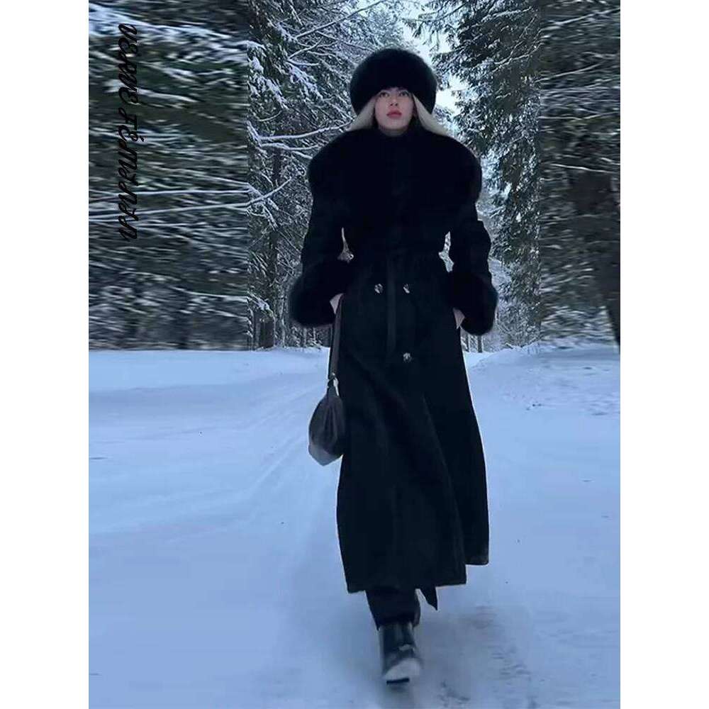 Women's Winter Coat Lapel Button Slim Faux Fur Spliced Woolen Overcoat Autumn 2025 With Belt Long Jackets Office Lady Outerwears