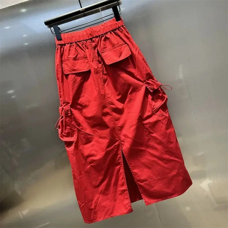 Women Y2k Cargo Long Skirt High Waist Drawstring Maxi Ruched Vintage Split Elastic with Pockets 251027