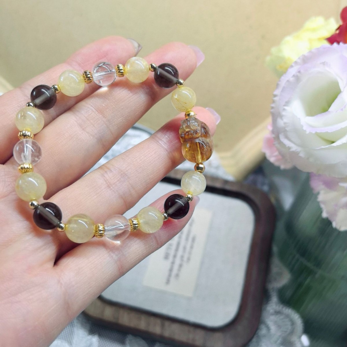 Golden Tourmaline Beaded Bracelet with Yellow Tower Crystal Pigs and Tea Quartz White Jade