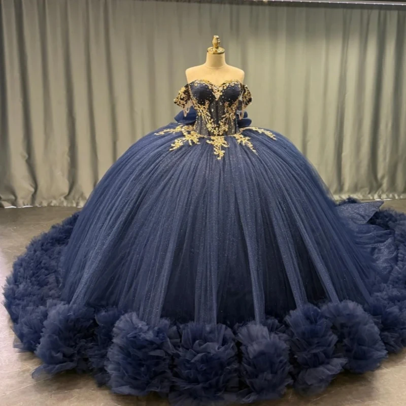 Navy Blue Shiny Quinceanera Dresses Off The Shoulder Gold Applique Lace Beads Bow Tiered Tull Party Birthday Sweet 16 Dress