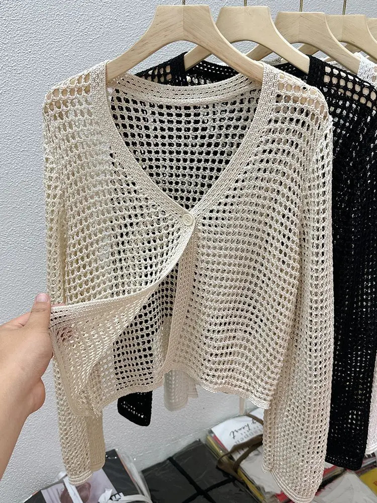 Hollow Mesh Ice Silk Sunscreen Jacket for Womens Summer Long Sleeved Outerwear with Small Shawl Knitted Cardigan 251027
