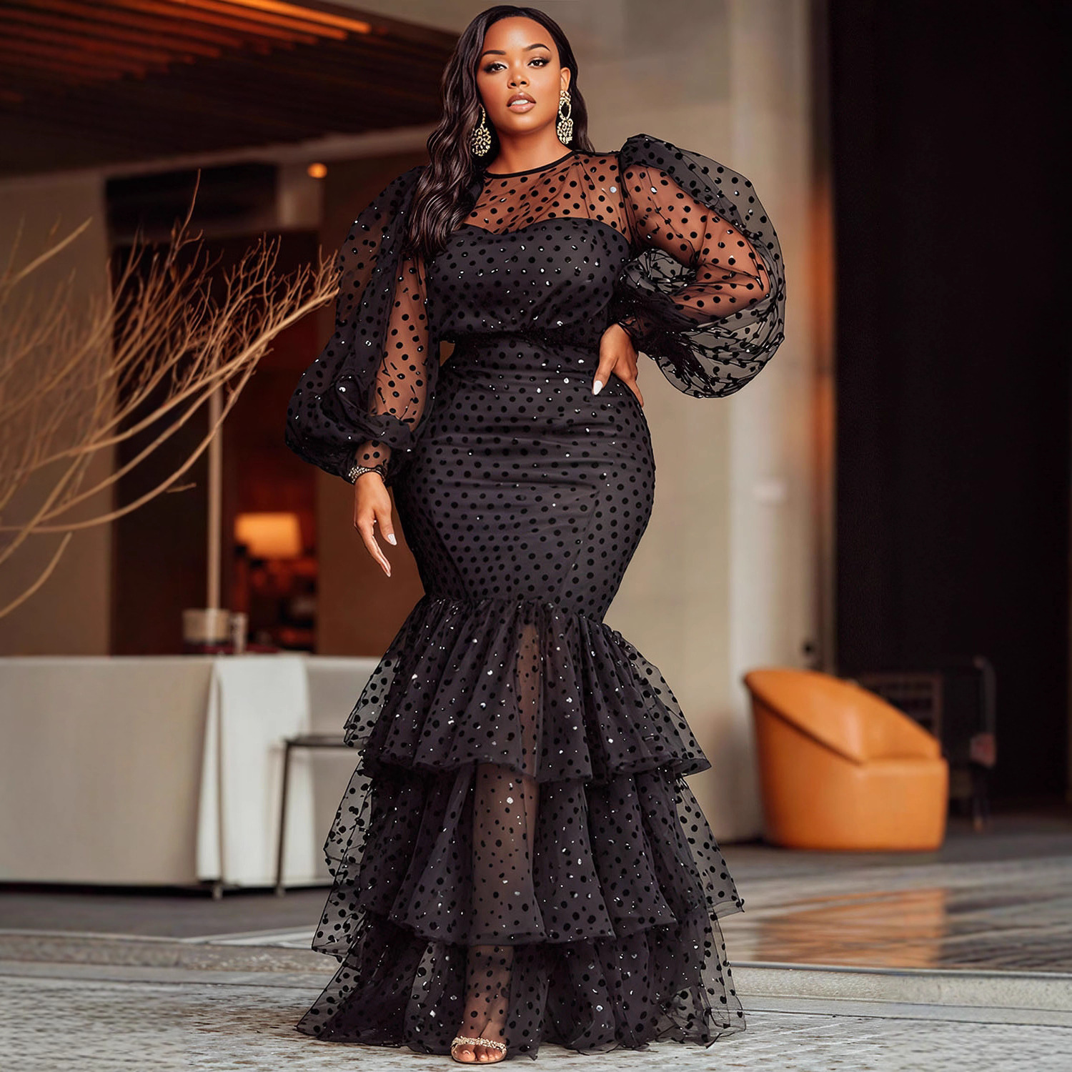 G1026Cross-border European and American women's bubble flocking polka dot sexy plus size dress