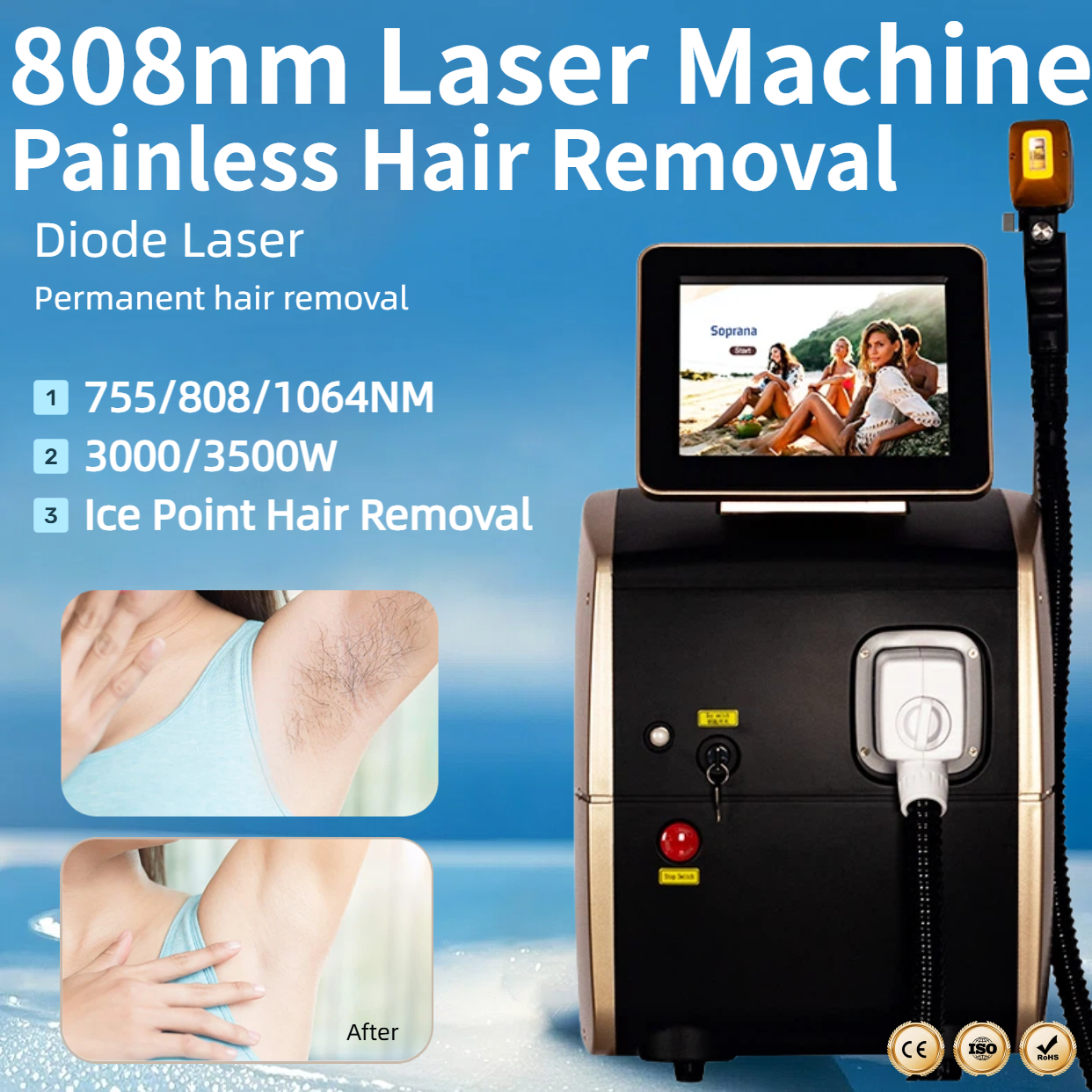 Diode Laser Hair Removal Machine 808nm Laser 3 Wavelengths Alexandrit Permanent Painless Physical Underarm Body Care Depilation Equipment