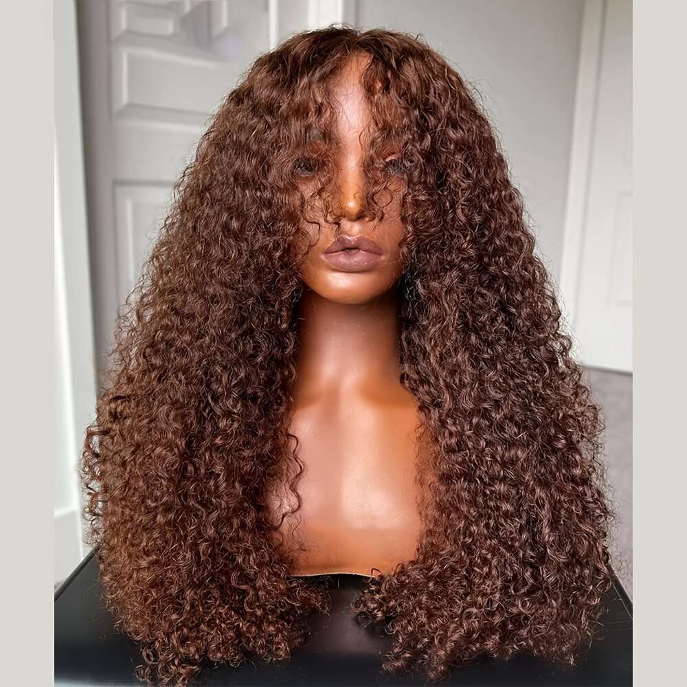 Glueless Lace Front - Natural Look Preplucked Hairline, 26" Long Kinky Curly Synthetic Wig With Bangs, No Glue Needed, Everyday Special Events, M