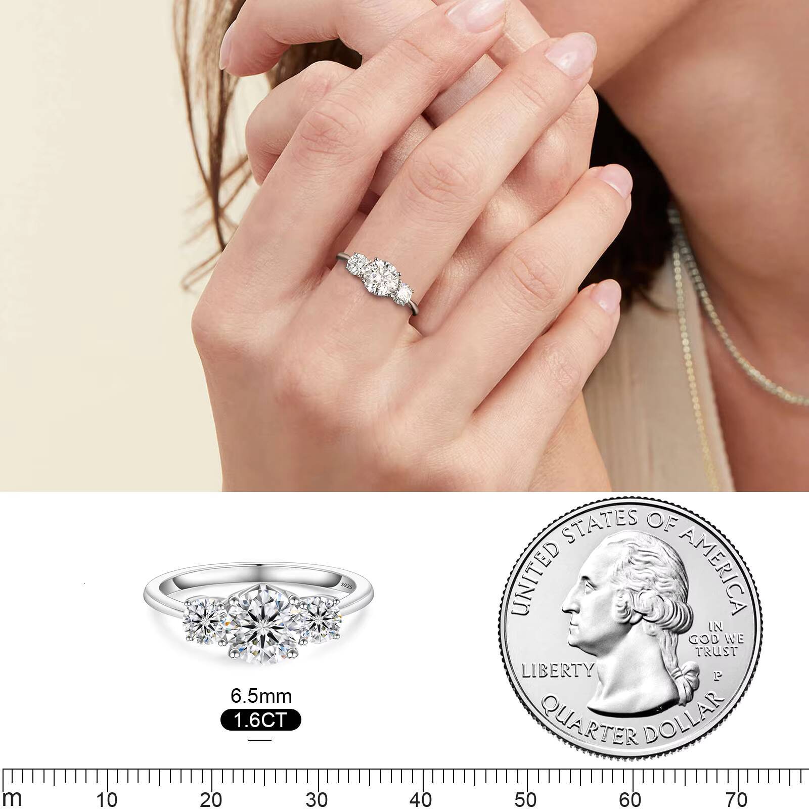 18K White Gold Plated 925 Sterling Silver Anniversary Wedding Promise Ring Round Cut VVS1 Moissanite 3 Stone Engagement Rings