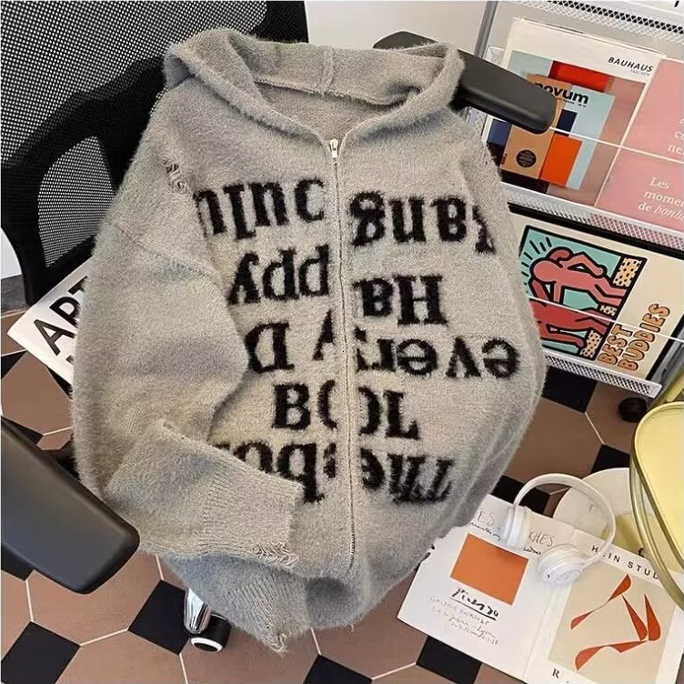 American Style Designer Sweater Lazy Ripped Hooded Knitted Cardigan Sweater Unisex High Street Loose Couple Zipper Fuzzy Coat