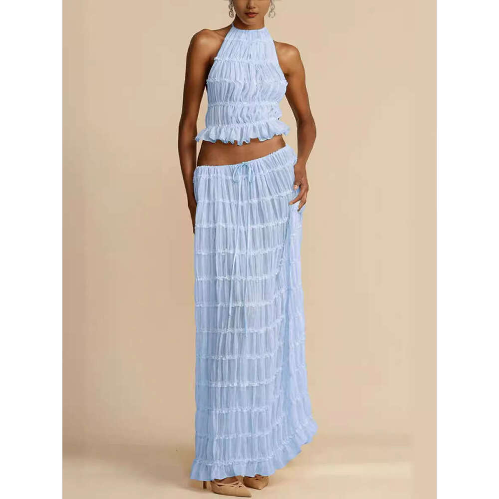 2025 Design Autumn New Sexy Backless Halter Ruched Lace Trim Vest Long Dress Set