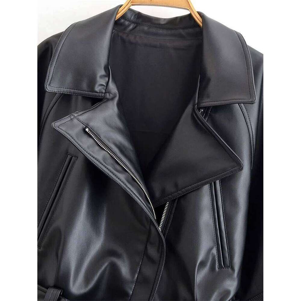Women's 2025 Autumn New Arrival Black Long-Sleeve Faux Leather Short Trench Coat Motorcycle Style Fashionable And Unique