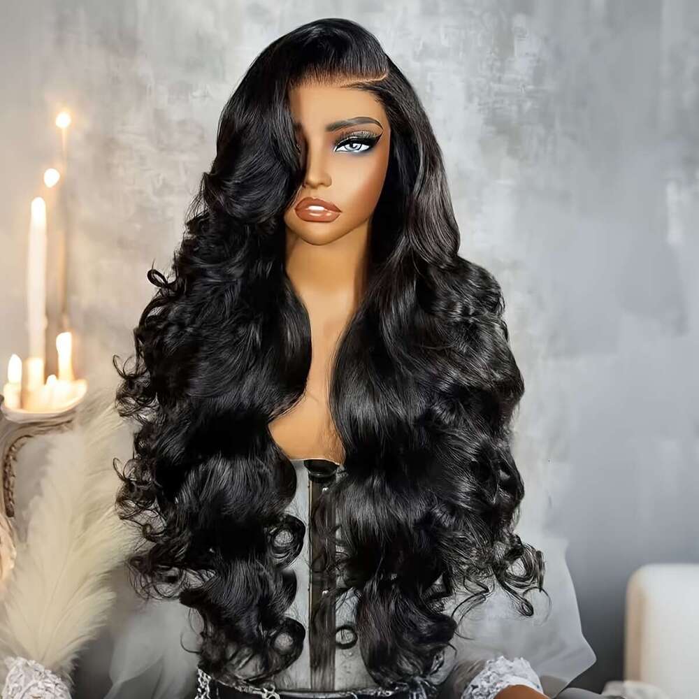 Black Wave Black Body Wave Synthetic Hair 13X4 Lace Frontal Wigs | Preplucked Heat Resistant Fiber Daily Party Glueless Front Wig For Women
