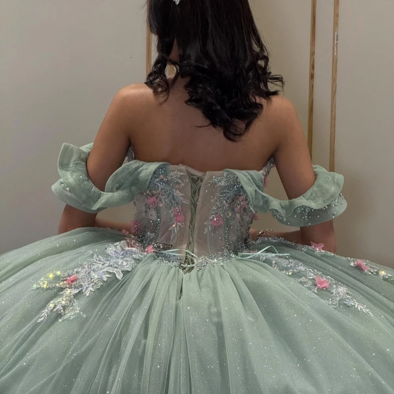 Mint Green Quinceanera Dresses Off The Shoulder Applique Lace Beading Tull Party Birthday Sweet 16 Dress Vestidos 15 De