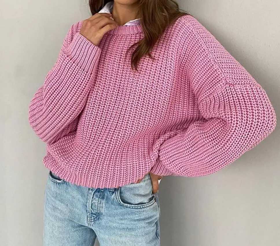 New AutumnWinter Fashion Long Sleeve Loose Round Neck Knitted Solid Color Sweater For Women6 ColorsT251027