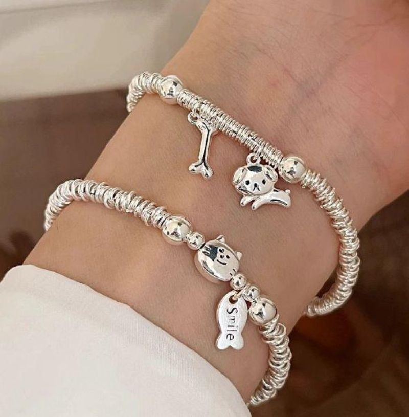 TaiYang New Gold Plated Copper Cat & Dog Charm Bracelet,Silver Plated Copper Chain with Playful Eating Fish and Bone Pendants for Women