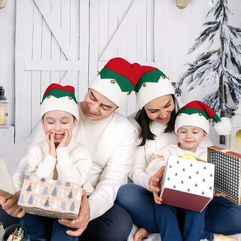 Christmas Knitted Wool Hat For Mother And Kids Red ColorBlock Design With Bells Festive Christmas Hat For WinterW251027