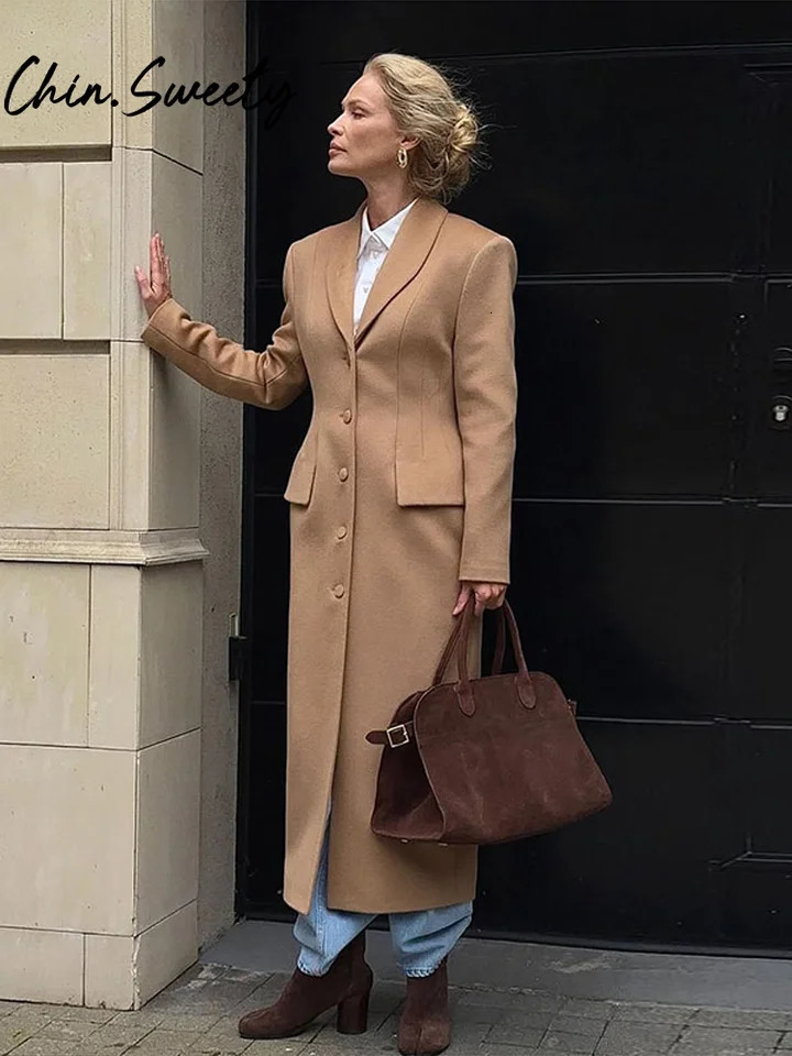 Slim Woolen Long Women Coat Elegant Full Sleeve Lapel Single Breasted Pocket Female Outwear Autumn Winter Chic Lady Jakcet 251024