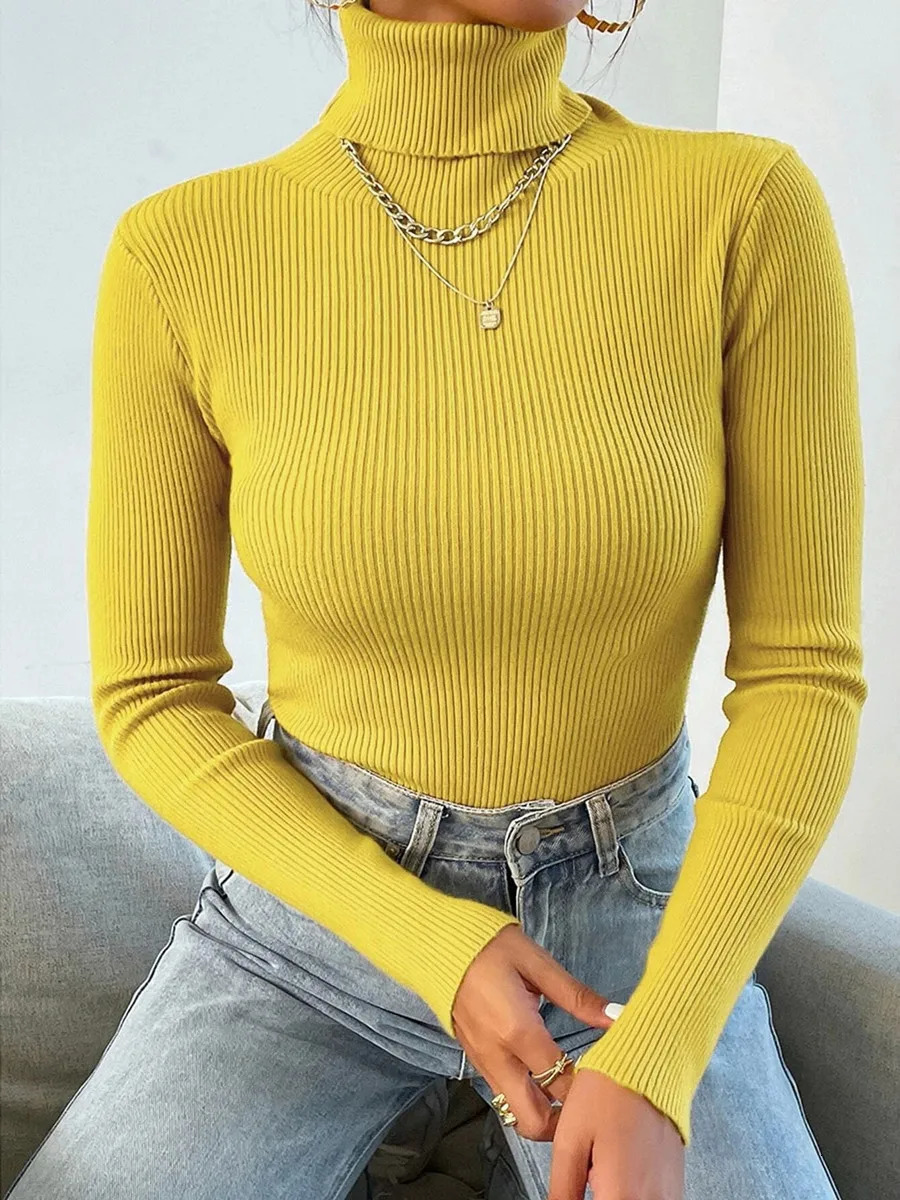 Autumn Winter Women Knit Solid Turtleneck Pull Sweater Casual Rib Jumper Tops Female Home Pullover Y2K Clothing 2025 251027