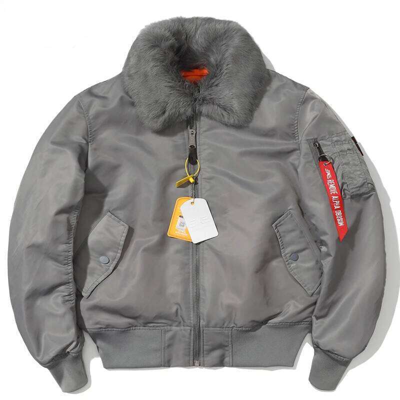 Men's Winter MA1 Bomber Jacket Windproof Warm Detachable Rabbit Fur Collar Coat