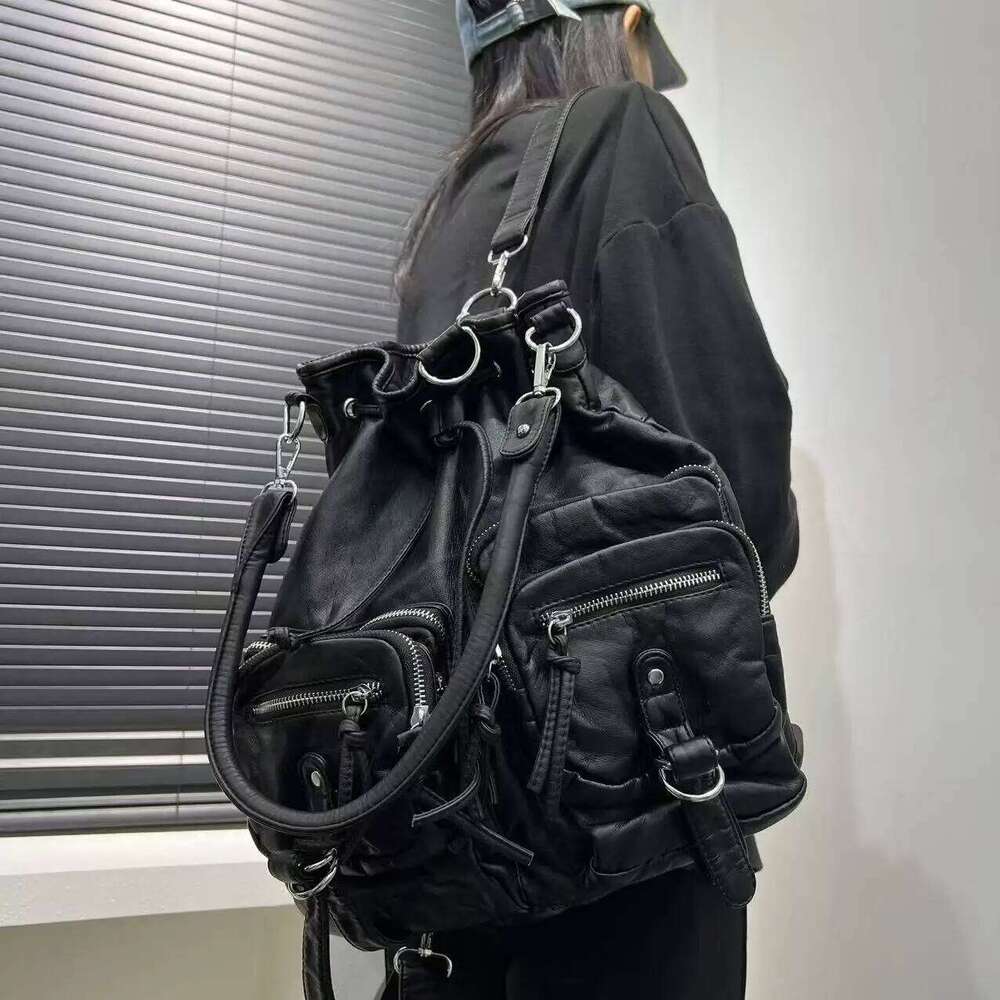 Ladies' Fashion Y2k Street Spicy Girl Backpack Large Capacity Aging Multi Functional Pure Leather Retro Shoulder Bag