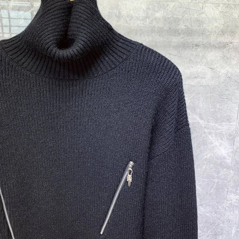 High Collar Knit Sweater Male Black Zipper Pullovers Turtleneck Mens Clothing White Zipup Neck Y2k Streetwear Old Casual Baggy 251016