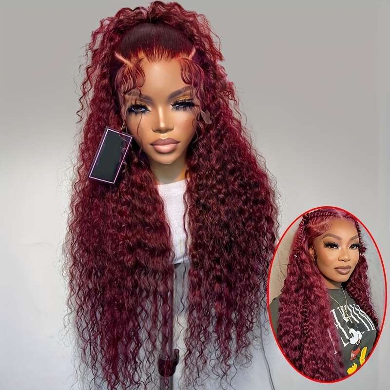 99J# Front 99J Hd Human Hair Wine Red Colored Wave Wig Women 99J Deep 13X4 Lace Frontal Wigs Work, Parties, Vacations, Daily Life For School Start