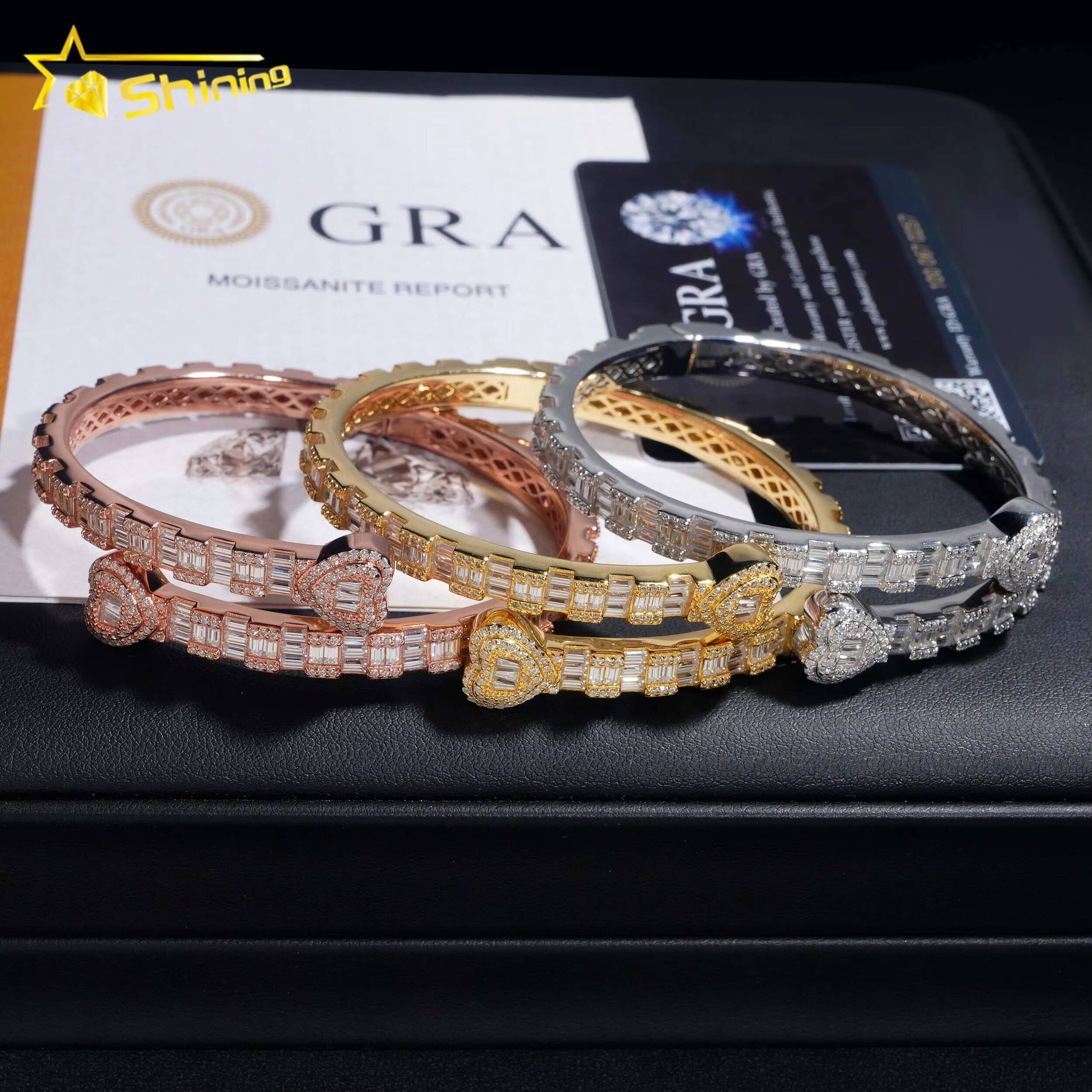 Heart Style Bangle Iced Out Bracelet Moissanite S925 Silver Baguette Moissanite Diamond Bracelet