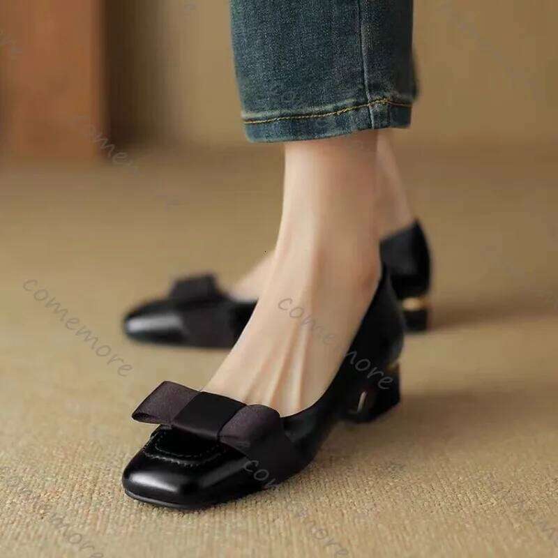 Comemore Spring Autumn Women's Bow Retro Middle Heel Single Square Head Leather Pumps Fashion Elegant Thick Heeled Shoes