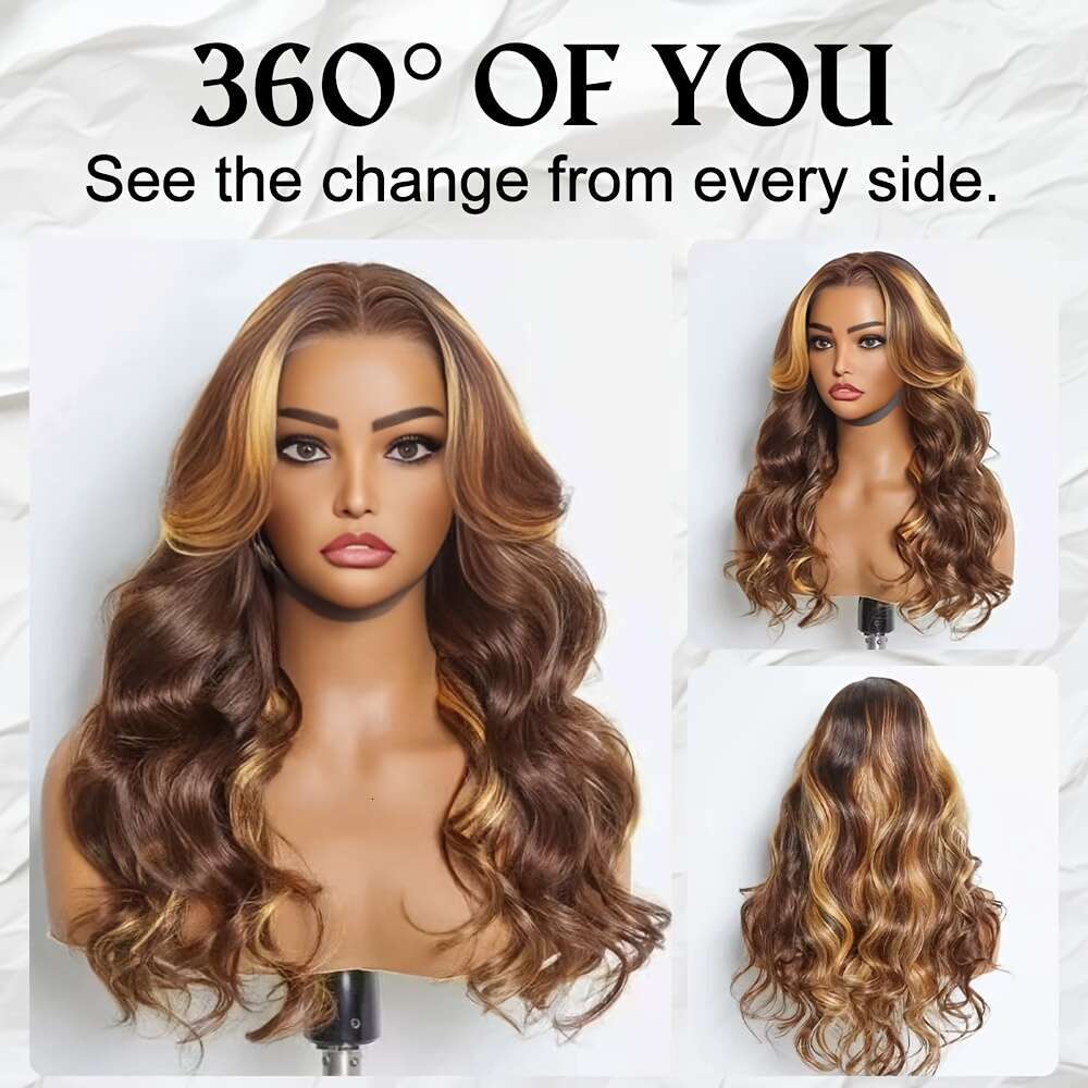 Glueless Human Hair Wig With 7X5 Front - Ombre Highlight #Fb30 Balayage Blonde/Brown Pre-Bleached Invisible Knots, 250% Density Body Wave Brown To Blo